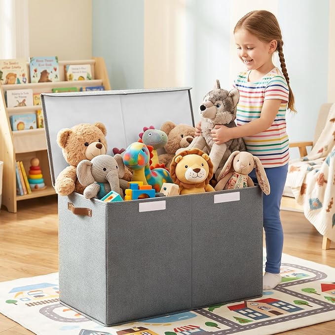 Large Toy Storage Box with Lids, Collapsible Sturdy Baby Storage Organizer Chest Bin Basket for Kids, Boys, Girls, Playroom, Nursery, Bedroom, Closet 25"x13"x16" (Gray)