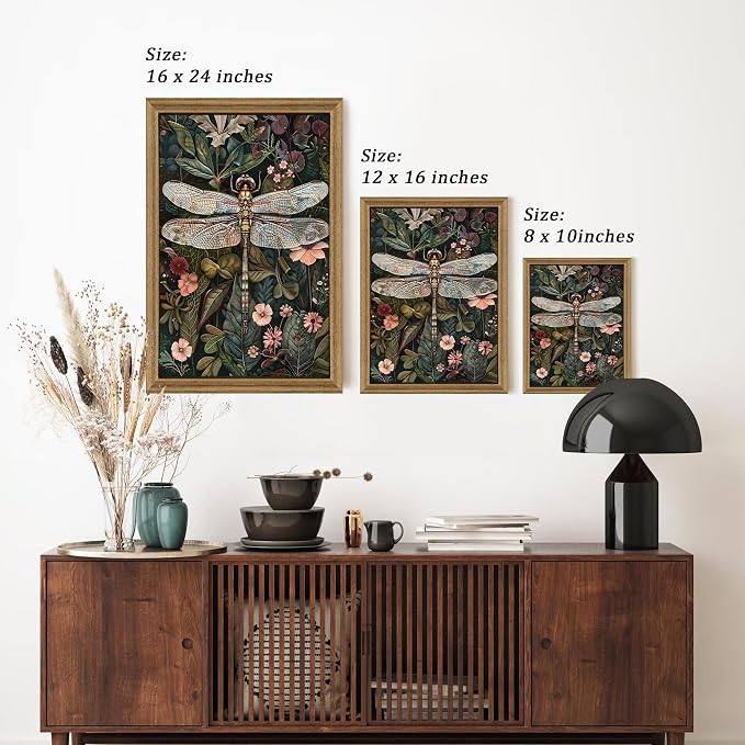 ICHZUMW Framed William Morris Vintage Dragonfly Canvas Wall Art 8x10 In | Dark Green Botanical Prints, Antique Aesthetic Wildflower Wall Decor for Bedroom Living Room Bathroom Office, Ready to Hang