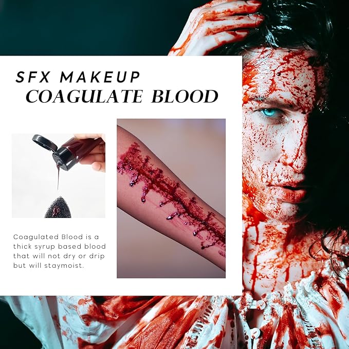 immetee Fake Blood Gel, Sfx Blood Gel with Stipple Sponge, Sfx Fake Blood Makeup Kit, Halloween Coagulated Stage Blood Specail Effects Makeup Face Body Paint. 55g