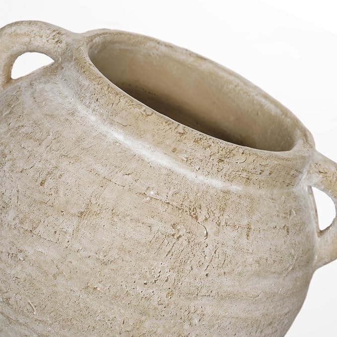 Briful Rustic Farmhouse Vase with Handles, 7.4" Ceramic Vases for Tabletop | Beige Pottery Distressed Antique Earthenware for Modern Farmhouse, Kitchen Counter Shelves Coffee Entryway Centerpiece