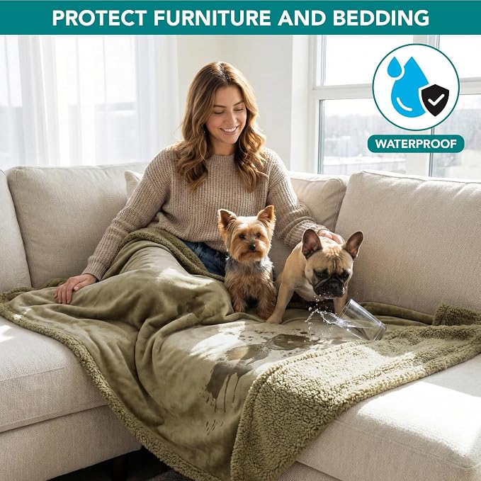 PetAmi Waterproof Dog Blanket for Medium Large Dog Pet, 60x40, Taupe Sherpa | 460 GSM Sherpa Fleece Reversible, Pee Proof Cat Blanket, Furniture Protector Cover for Couch Bed Sofa Kennel, Washable, Large