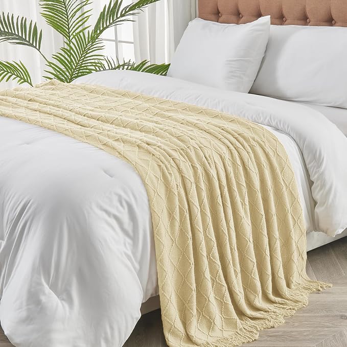 inhand Cloud Cream Knitted Throw Blanket for Couch and Bed, 50"x60" | Soft Living Room Home Decor Knitted Blanket with Tassel, Outdoor Lightweight Breathable , Farmhouse Warm Woven Decorative