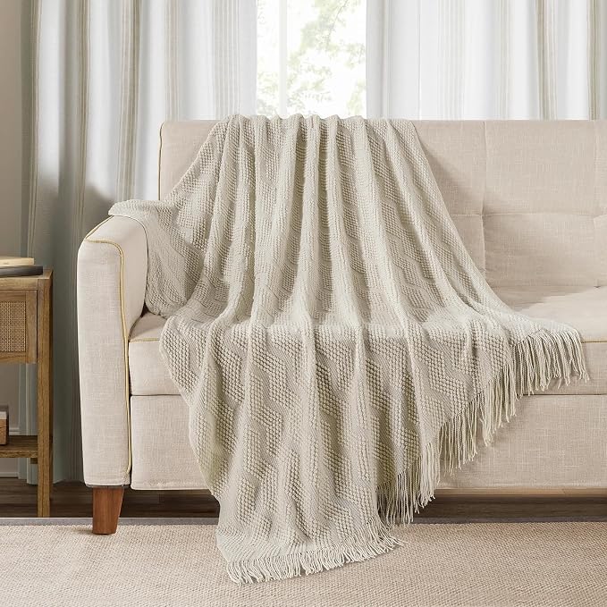 BOURINA Beige Throw Blanket 50x60 Inch Soft Ripple Throw Knitted Blanket | Soft Ripple Throw Textured Solid Soft Throws and Blankets for Sofa or Bed Knitted Decorative Blanket