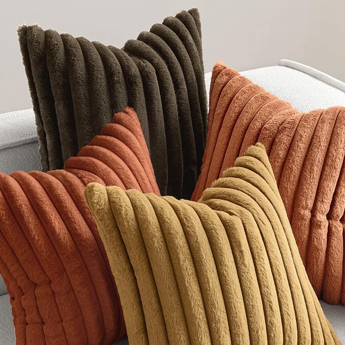 MIULEE Fall Rust Orange Faux Fur Plush Decorative Throw Pillow Covers18x18 | Set of 4, Striped, Soft Boho Farmhouse Vintage, Rustic Cozy Home Decor, Cushion Cases for Sofa Couch Bed Living Room