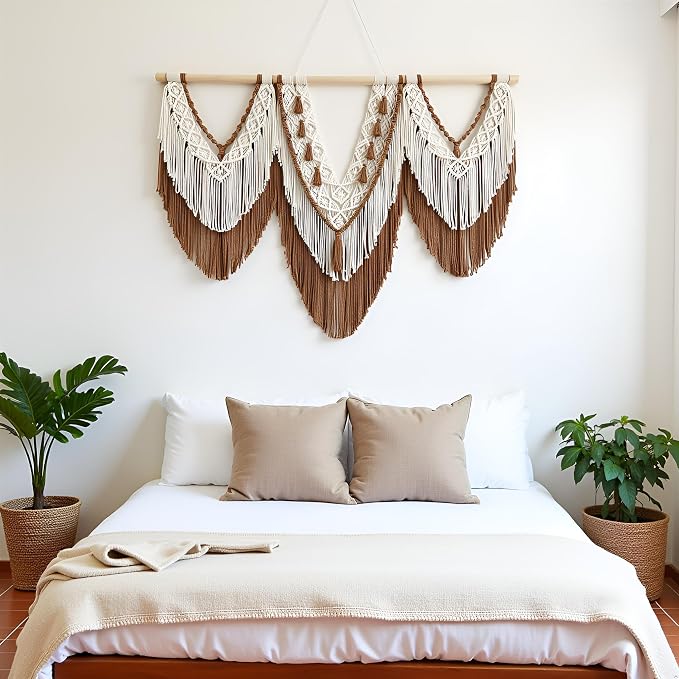 large macrame wall hanging - Boho Tapestry Macrame Wall Decor Art- Chic Bohemian Handmade Woven Tapestry Home Decoration for Bedroom Living Room Apartment Wedding Party - 43"x32" (Beige-Brown)