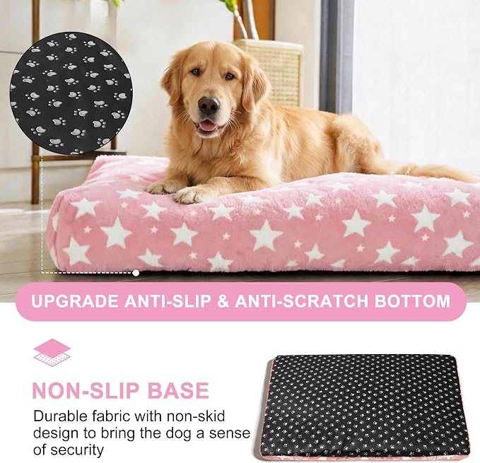 Orthopedic Dog Bed for Large Dogs, Washable Dog Mat with Removable Zippered Cover, Non-Slip Bottom, Comfort Crate Bed (Big&Little Stars Pink, L(35"*23"*3.1"))