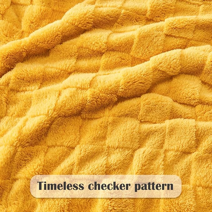 NEWCOSPLAY 3D Checkered Flannel Twin Blanket, Mustard Yellow, 60"x80" | Super Soft Cute Lightweight Decorative Premium Silky Fleece Blanket for Couch Sofa Bed, Gift for Women Men, All Season Use