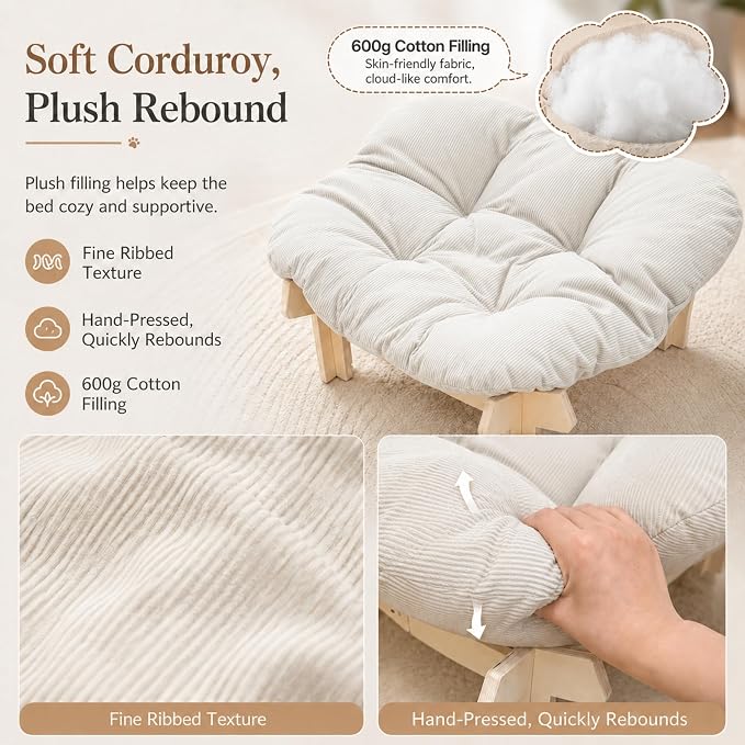 Elevated Cat Bed, Wooden Pet Sofa with Washable Cushion (Square / Beige) | Soft Beds with Extra Filling prevent flattening, Stable Wooden Frame Couch supports 50 lbs for Indoor Cats, Kitty & Puppy.