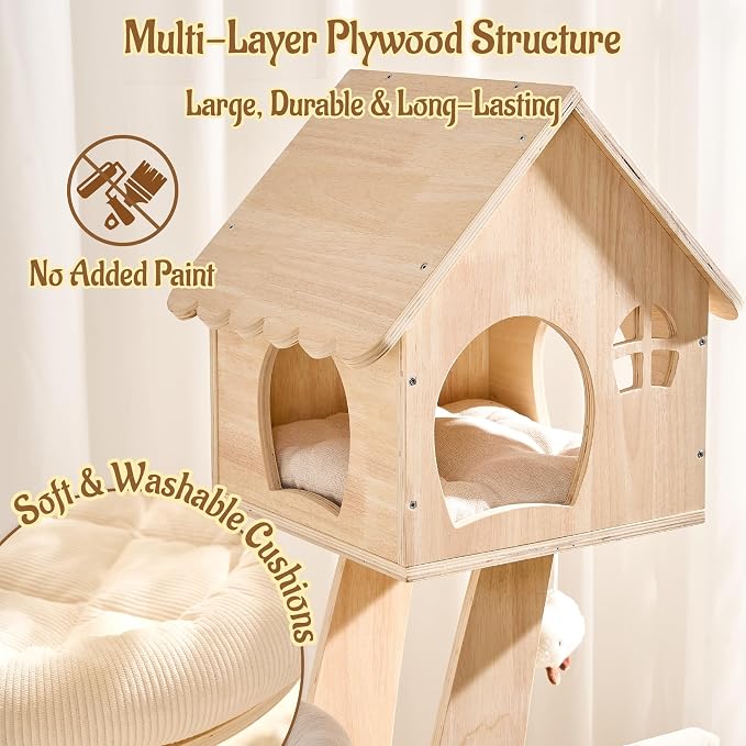 65" Modern Wood Cat Tree for Indoor Cats, Multi-level Cat Tower with Hidden Cat House, Cozy Beds, Hammock, Capsule perch, Spacious Scratching Board & Interactive Toys, Furniture-Style Cat Condo