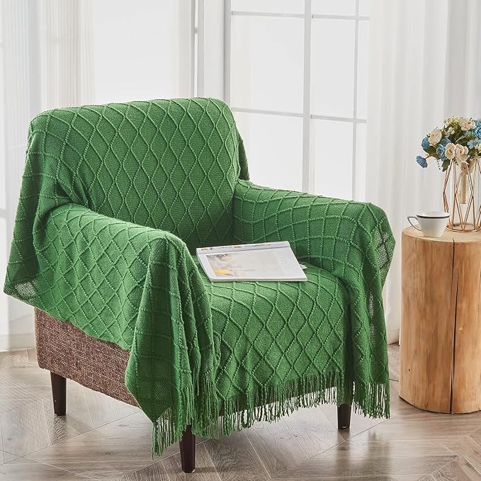 inhand Green Knitted Throw Blanket for Couch and Bed, 60"x80" | Throws for Her or Him, Soft Farmhouse Woven Blanket, Tassel, Lightweight Decorative, Cozy Knit, Warm Living Room Home Decor