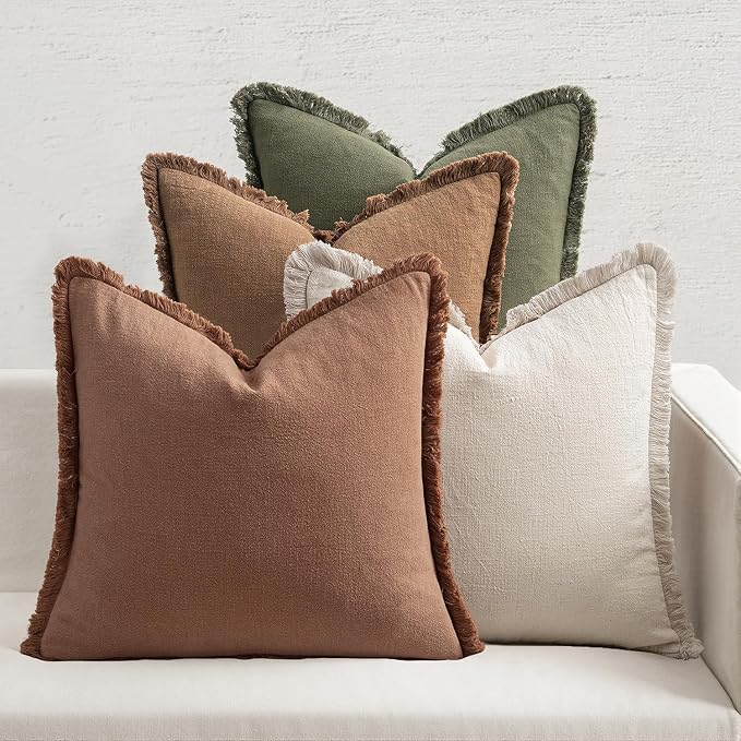 MIULEE Fall Linen Fringe Pillow Covers Set of 4 20x20 Beige/Brown/Green | Boho Farmhouse Decorative Throw Pillow Covers, Neutral Soft Rustic Cushion Cases, for Couch Sofa Bed Living Room Home Decor