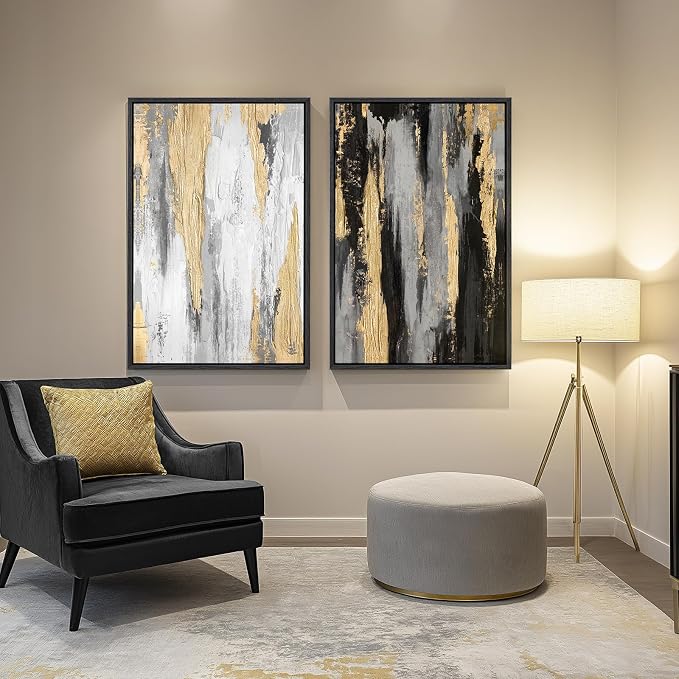 Large Framed Elegant Black White Gold Wall Art for Living Room, 24x36 In | 2 Piece, Large size paintings, Canvas prints, Black gold pictures, Modern minimalist artwork for walls, Bedroom Wall Decor