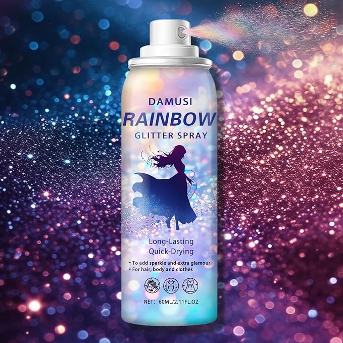 DAMUSI Pink Body Glitter Spray, Shiny Hair and Body Glitter Spray for Clothes, Holographic Glitter Hairspray Quick-Drying Long-Lasting Shimmer Highlighter Powder for Festival Concert Party Rave Prom