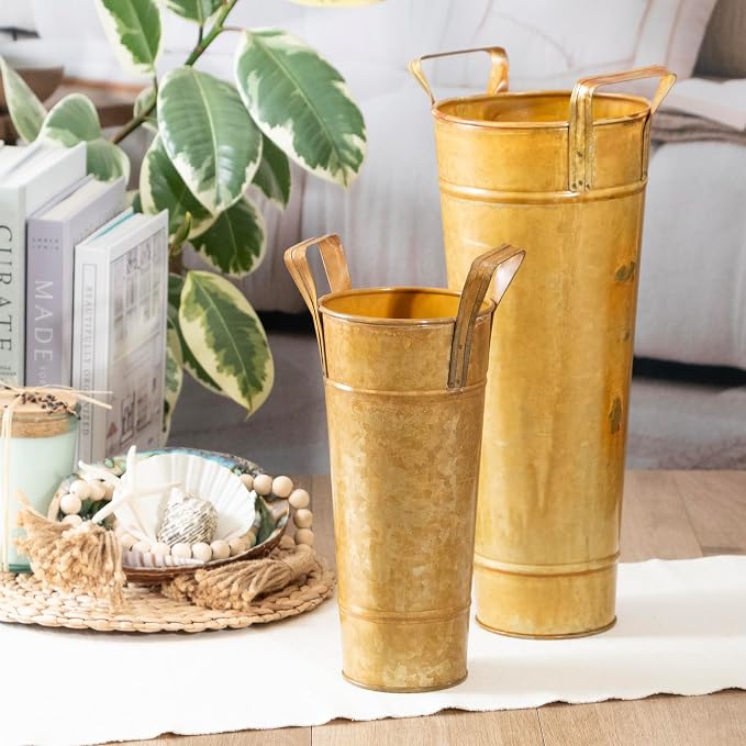 Galvanized Metal Floral Vases with Handles Set of 2 (Marigold)