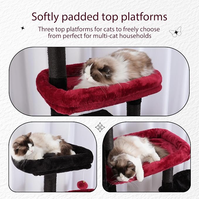 Hey-brother Cat Tree Tower with Stable Extended Base, 3 Platforms, MPJ038BR | 70.9 Inches Multi-Level Sisal Scratching Posts, Wide Bed, 2 Cozy Condos, 2 Hammocks, Toy Balls for Indoor Cats, Black and Red