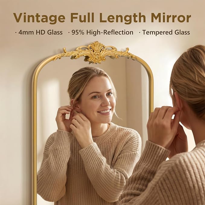 Besdomus Antique Mirror Full Length: 26"x63" Gold Long Arched Body Mirrors | French Floor Standing Metal Framed - Vintage Baroque Traditional Ornate - Ideal for Foyer/Cloakroom/Bedroom/Dressing Room