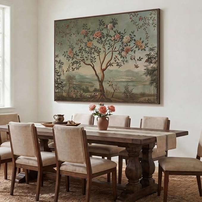 Extra Large Framed Vintage Landscape Wall Art for Living Room, Oversized Chinoiserie Tree Floral Canvas Horizontal Artwork for Walls, Retro Painting Prints Dining Room Hallway Wall Decor, 72x48 Inch