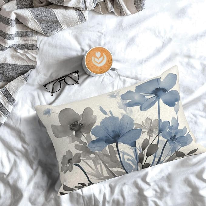 Spring Floral Pillow Covers 12x20 Inches Set of 2 Gray Blue Floral Throw Pillow Covers Outdoor Rustic Summer Flower Decoration Pillowcase Farmhouse Decorative Lumbar Cushion Cover For Home Sofa