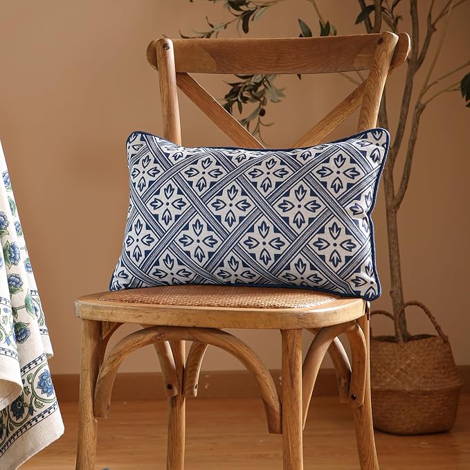patdrea Designer French Vintage Linen Throw Pillow Cover,12"x20"-Ivar C | Decorative Pillow Case,Chinoiserie Blue Floral Print Pillow Cover for Couch Living Room Bedroom Sofa