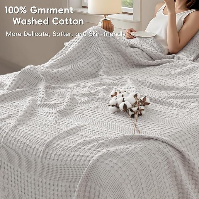 PHF 100% Cotton Waffle Blanket Twin Size, Lightweight Breathable Summer Blanket for Hot Sleepers, Pre-Washed Soft Layer for Bed, Dorm, Couch & Guest Room, Home Decor Gift, 66"x90", Light Grey