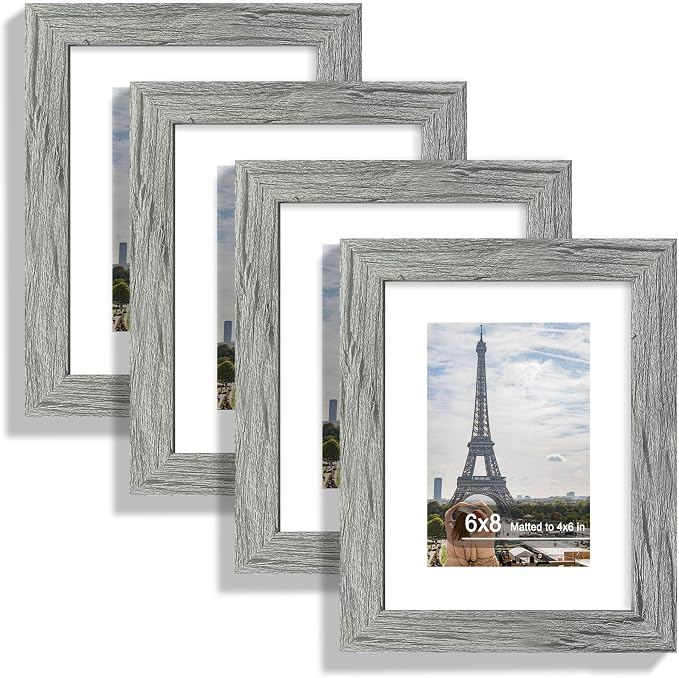 Hongkee 6x8 Picture Frame Set of 4, Made of Real Glass and Grey Frame - Display Picture 4x6 with Mat or 6x8 Without Mat, 6 by 8 Photo for Wall or Tabletop