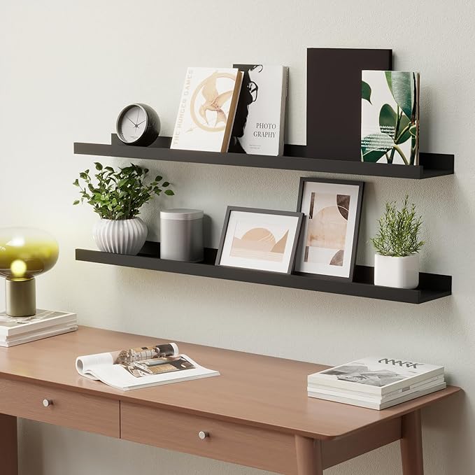 Boswillon Floating Shelves Set of 2, Long Wall Shelf with Lip, 36in, Black | Display Ledge Shelf for Room Wall, Wall Decor Shelves for Bathroom, Living Room, Bedroom, Kitchen, Nursery Room, Modern, Wood