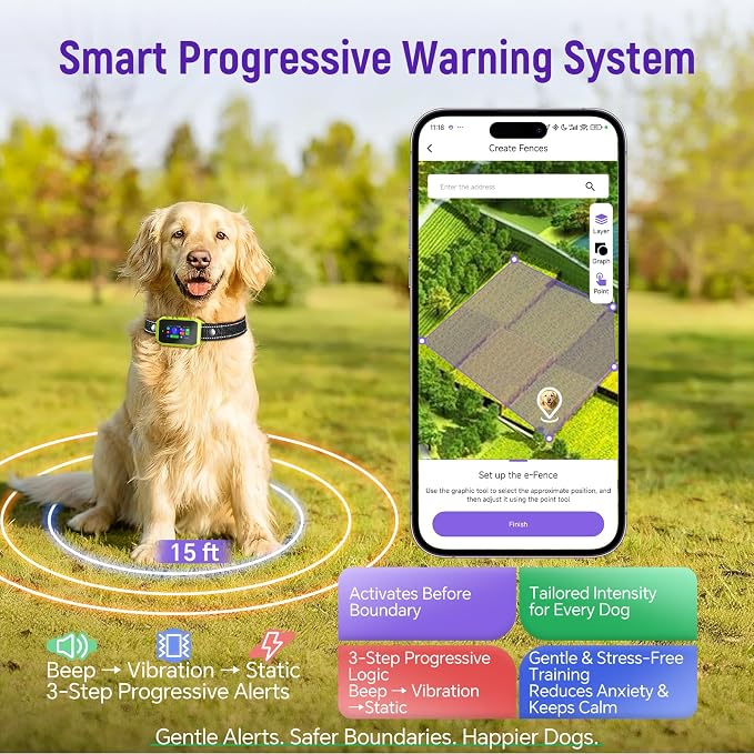 GPS Wireless Dog Fence & Remote Training Collar, Free APP Control, No Subscription Fee, Adjustable GPS Boundary, Green, Dogs 10-120 lbs