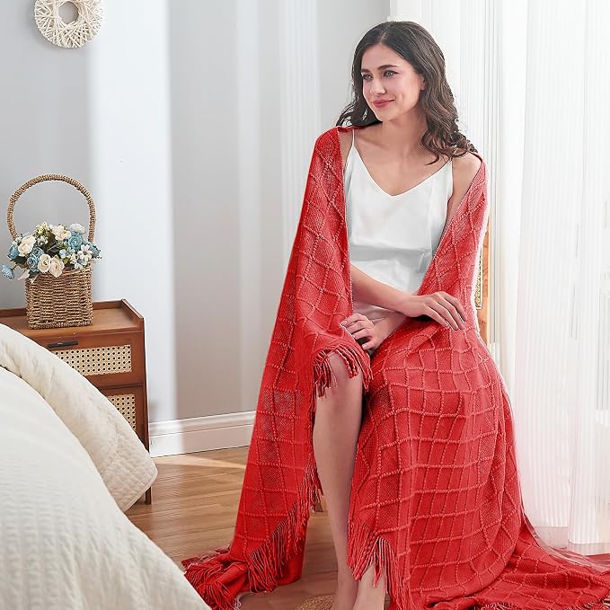 inhand Red Knitted Throw Blanket for Couch and Bed, 50"x60" | Gifts for Mom from Daughter Son, Soft Lightweight with Tassels, Farmhouse Warm Decorative Blanket for Women, Cozy Knit