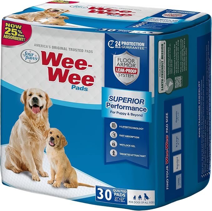 Four Paws Wee-Wee Superior Performance Unscented Puppy Pee Pads for Dogs & Puppies, Quilted Leak-Proof Dog Housebreaking Potty Training Floor Protection, Pet Supplies, 22" x 23", 30 Count