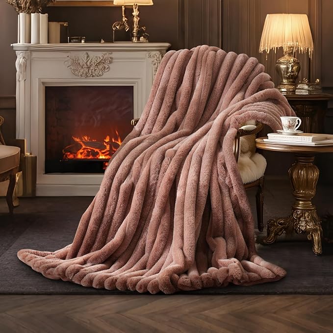 Faux Fur Throw Blanket for Couch, Ultra Cozy Fuzzy Fluffy Fur Luxurious Soft Striped Plush Gift Blankets for Family Sofa Chair Bedroom, 55"x70", Cationic Fox Pink Brown