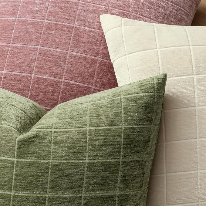 MIULEE Sage Green Plaid Decorative Throw Pillow Covers 18x18 Set of 2 | Vintage, Check Chenille Couch Pillows, Neutral Boho Farmhouse Cushion Covers, Modern Home Decor for Sofa Bed Living Room