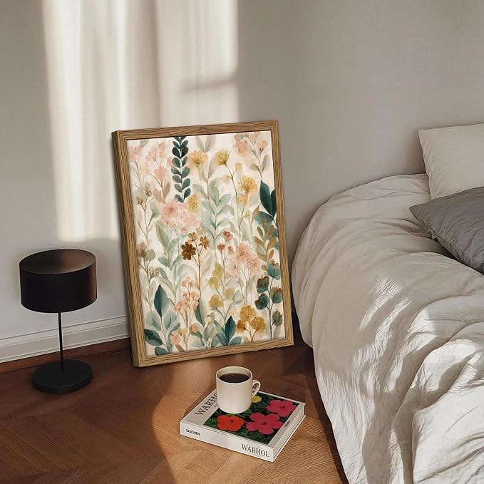 Framed Boho Floral Wall Art, Neutral Botanical Wildflower Canvas Wall Decor Painting, Vintage Flower Poster Print Picture for Living Room Bathroom Bedroom 16x24 Inch