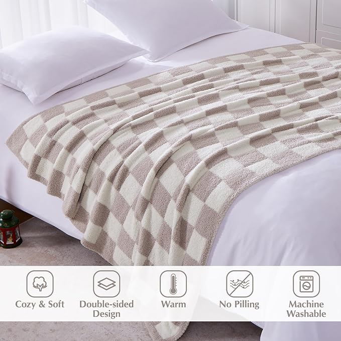 Soft Twin Size Checkered Blanket for Bed-Cozy Knitted Blankets | Lightweight Fluffy Warm Decor for Women, Mom, Her & Girls, Sofa, Chair, Couch, 60x80in, Taupe