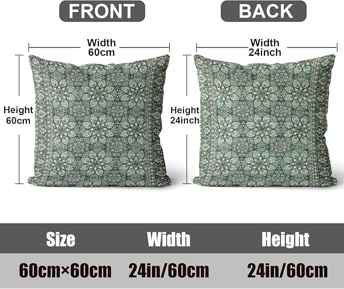 Boho Throw Pillow Covers 24x24 inch Set of 2,Soft Pillowcases Bohemia Carpet Printing Pattern Decorative Sofa Living Room Bed Square Pillow Case Cushion Cover-Green Flower