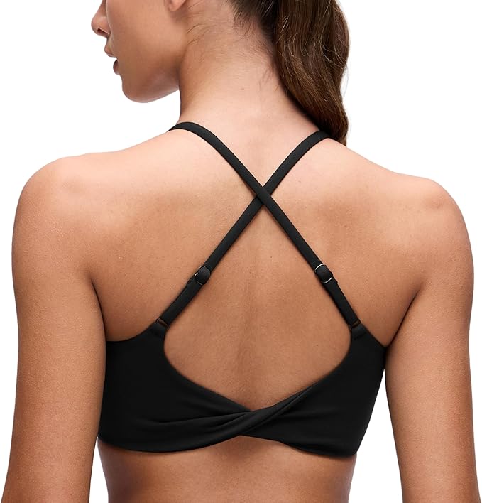 CRZ YOGA Butterluxe Twist Cross Back Sports Bras for Women - U Neck Padded Adjustable Spaghetti Straps Yoga Top