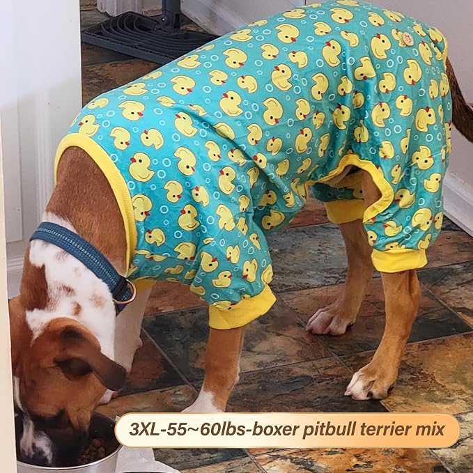 KYEESE Velvet Dog Pajamas for Medium Large Dogs Soft Onesie, Yellow Duck | 4-Way Stretch, Lightweight & Breathable, Reduces Shedding, Gentle on Sensitive Skin, Recovery Support, Easy Potty Breaks