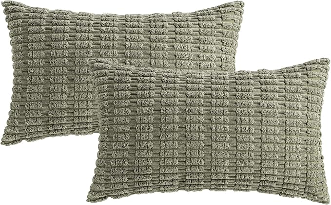 MIULEE Lumbar Corduroy Decorative Throw Pillow Covers 12x20 Light Olive | Green Pack of 2 Soft Boho Striped Pillow Covers Modern Farmhouse Home Decor For Sofa Living Room Couch Bed