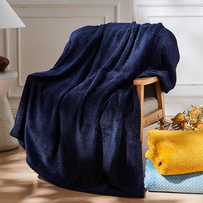 NEWCOSPLAY Fleece Leaves Pattern Queen Blanket, Dark Navy, 90"x90" | Super Soft Throw Blanket, Lightweight Cozy Bed Sofa Blanket, Premium Silky Flannel Fleece, Travel Blanket for All Season Use