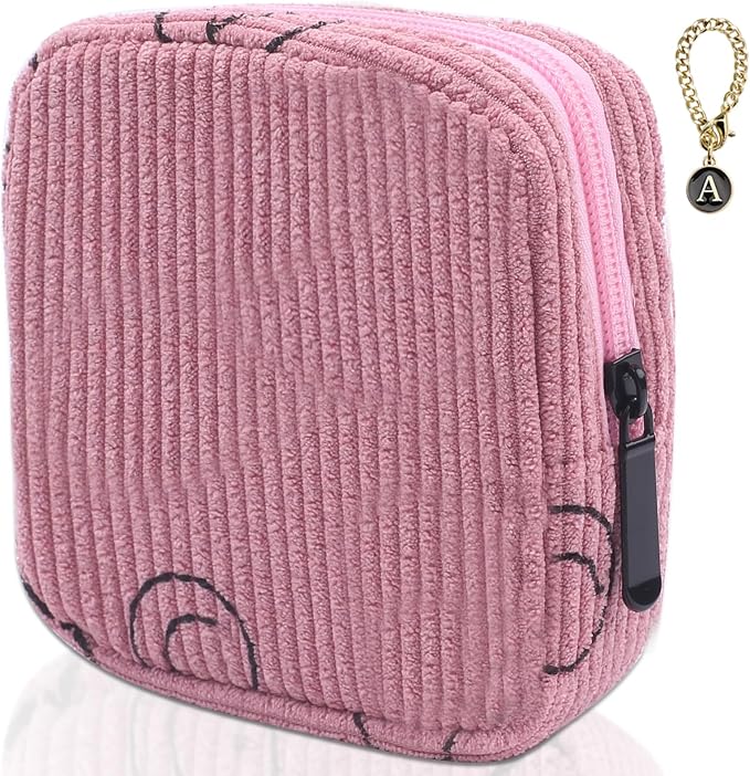 Sanitary Napkin Storage Bag, Corduroy Period Bag for Women, Cute Portable Period Pouch with Zipper, Sanitary Pads Bag Tampons Holder for Purse, First Period