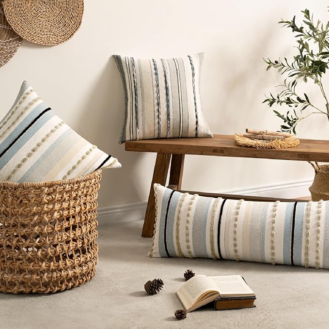 ANRODUO Boho Decorative Pillow Covers 14x36 Light Blue Stripe Pack of 1 | Throw Pillow Covers, Farmhouse Cushion Case, Long Chenille Pillow Cases, Lumbar Pillow Covers, Neutral Pillow for Sofa Couch