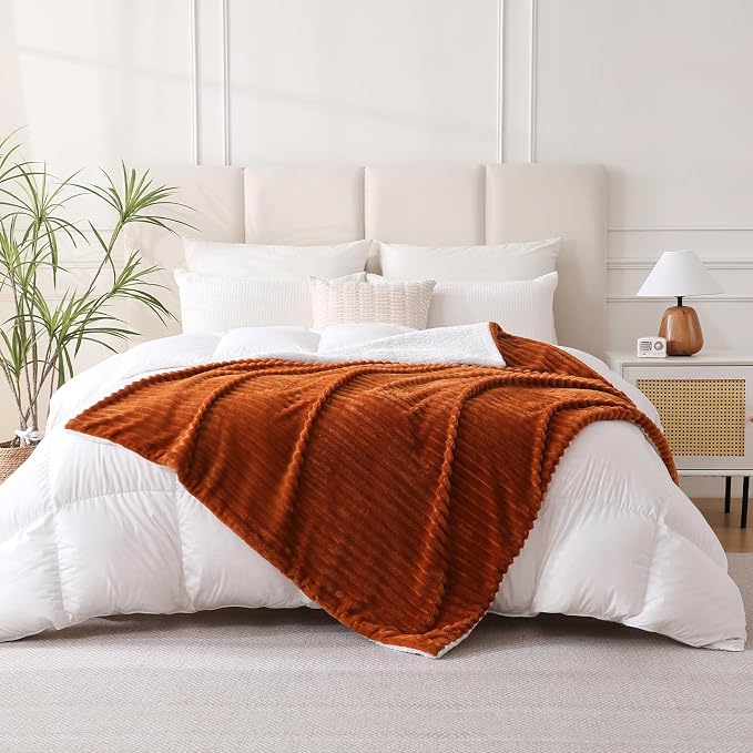 Burnt Orange Sherpa Fleece Throw Blanket 50”×60”for Couch Sofa Bed | Double Side Soft Fuzzy Cozy Plush Thick Flannel Blanket with Striped Design Gift for Adults,Woman