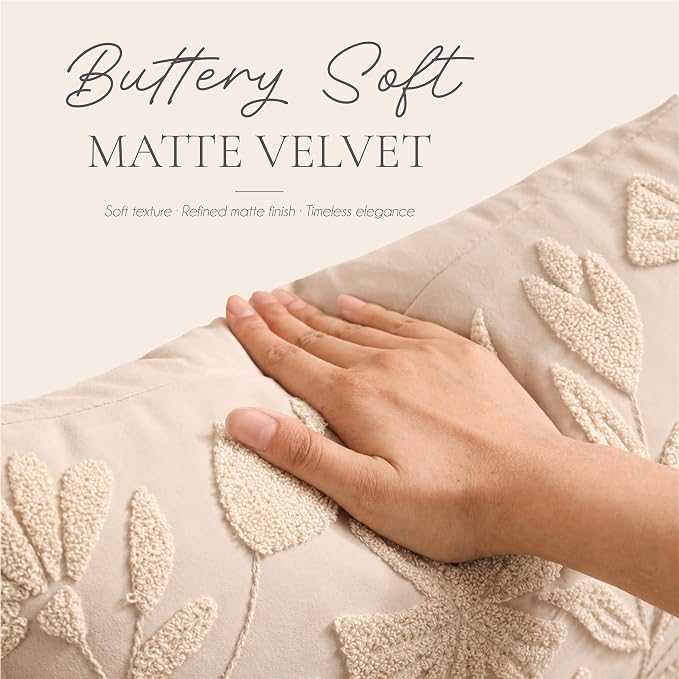 Decorative Lumbar Pillow Cover 12x20, Beige Neutral Accent Velvet Throw Pillowcase for Couch Sofa Living Room, Floral Tufted Rectangular Cushion, Cover Only