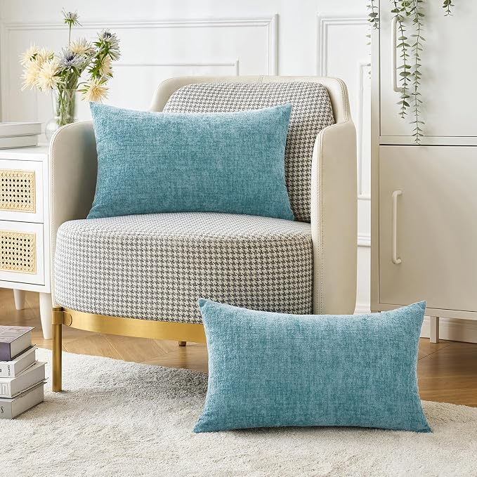 MIULEE Soft Chenille Lumbar Throw Pillow Covers Smoke Blue 12x20 Pack of 2 | Modern Coastal Home Decor, Classic Decorative Pillows, Solid Dyed Cases, Boho Couch Cushion Covers for Sofa Bed Living Room