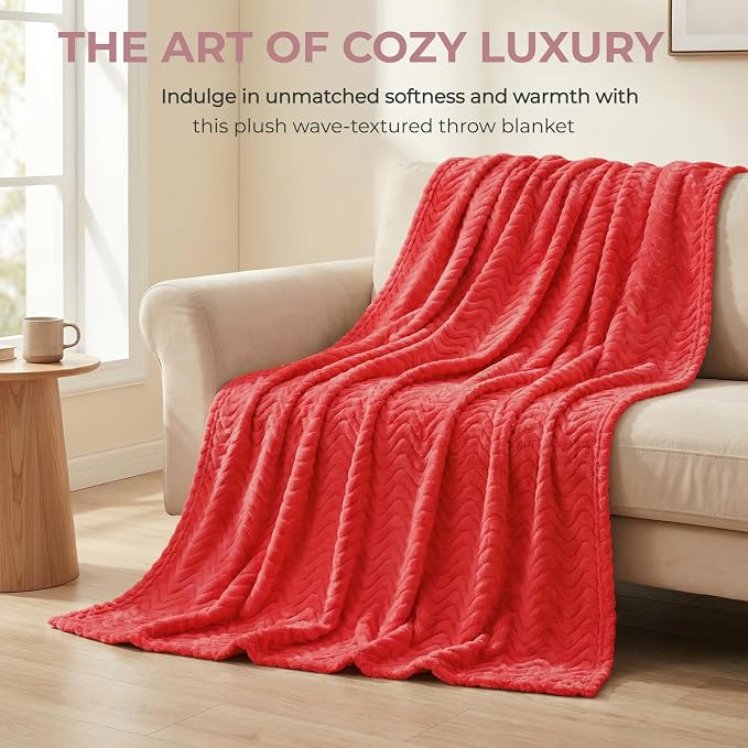 Exclusivo Mezcla Soft Fleece Throw Blanket for Couch, Cozy Lightweight Blankets with Decorative Wave Textured Suitable for All Season Use, Red, 50x70 Inches | 50"x70" Soft Breathable Lightweight Flannel Throws for Summer, Plush Cozy Jacquard Wave Blank...