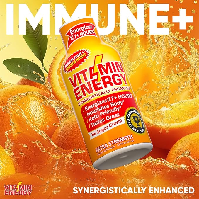 Vitamin Energy Immune+ Extra Strength Energy Shot Orange Burst 8 Pack, 260mg Natural Caffeine, B-Vitamins, Citicoline, Green Tea, Immunity & Focus Support, Zero Sugar, Gluten-Free 1.93 fl oz