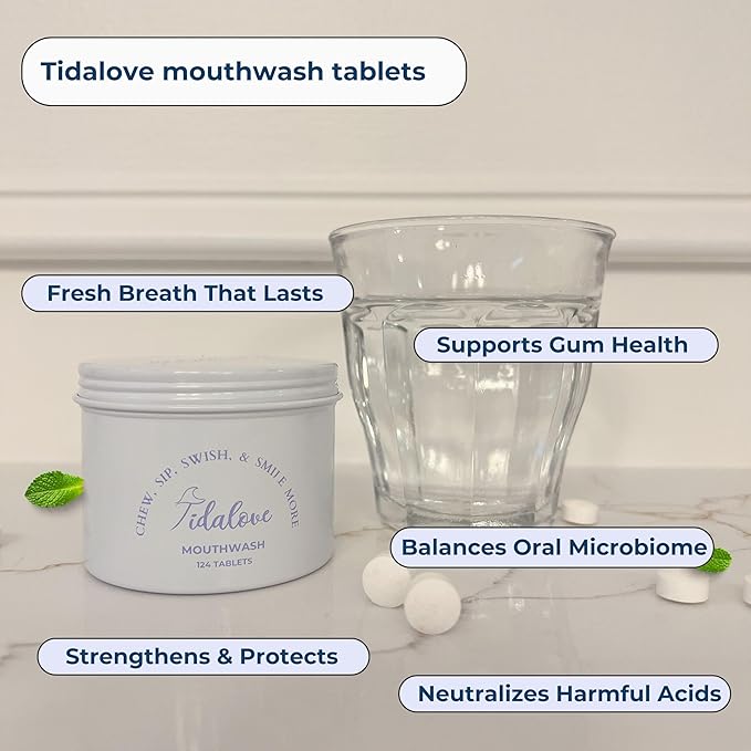 Tidalove Mouthwash Tablets - Alcohol-Free, Eco-Friendly, Travel-Friendly, with Nano-HA & Green Tea for Fresh Breath and Enamel Protection - 124 Tablets (Tin)