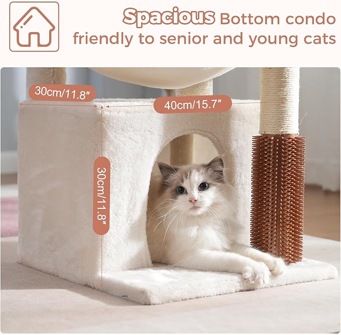 Cat Tree 32” Small Cat Tower with Large Hammock 16”& Self Groomer | Compact Cat Tree with Hammock 16” Dia, Removable Bed, Scratching Post & Self Groomer Small Cat Tree for Indoor & Adult Cats