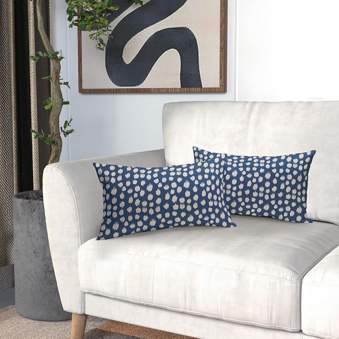 Blue Cream Dots Lumbar Pillow Covers 12x20 Set of 2 Boho Design Polka Dot Print Throw Pillows Modern Outdoor Decorative Pillowcase Rectangle Linen Cushion Cases Decor for Sofa Couch Bed