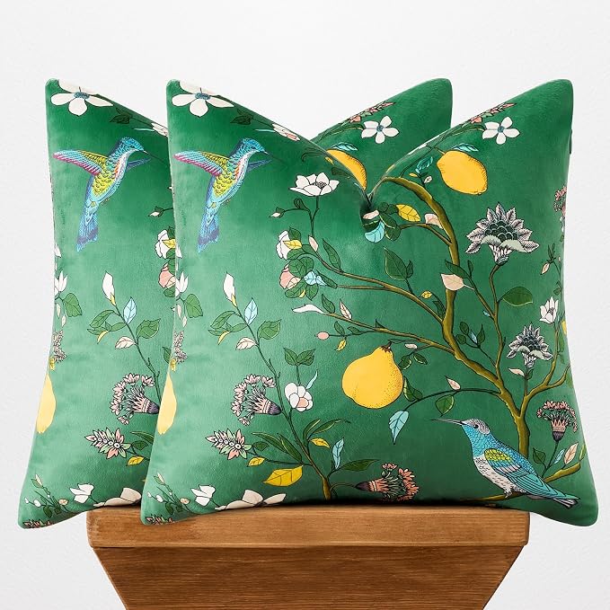 MUSSEL Green Velvet Floral Decorative 20x20 Pillow Covers Set of 2 | Soft Durable and Sturdy,Bird Plant,Throw Pillows Case,Square,Colorful Mid Century Cushion Covers,Sofa Couch Decor