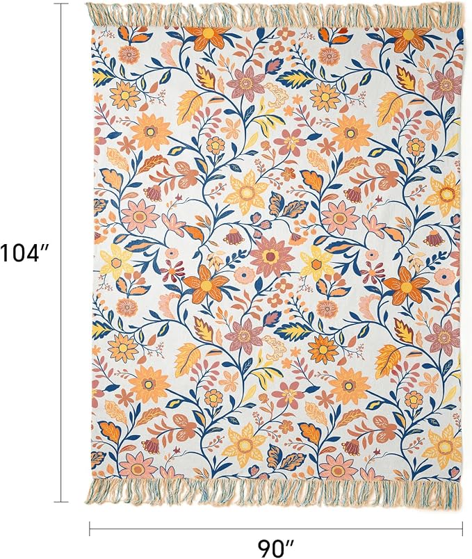 100% Cotton Boho Throw Blanket for Home Decor – Classic Farmhouse Quilt Bedding, Muslin Blankets for Adults, Vintage Woven Decorative Blanket for Couch, Bed Layering Use, Botanic Floral, 104"x90"